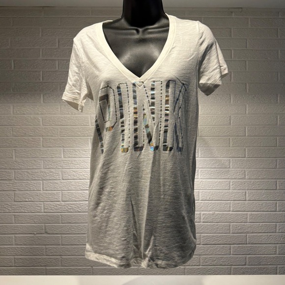 PINK Victoria's Secret Tops - PINK Victoria's Secret White V-Neck Graphic‎ T-Shirt Top Tee Medium